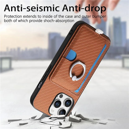 For iPhone 16 Pro Case Ring Kickstand Leather Back Cover with Magnetic Detachable Card Holder