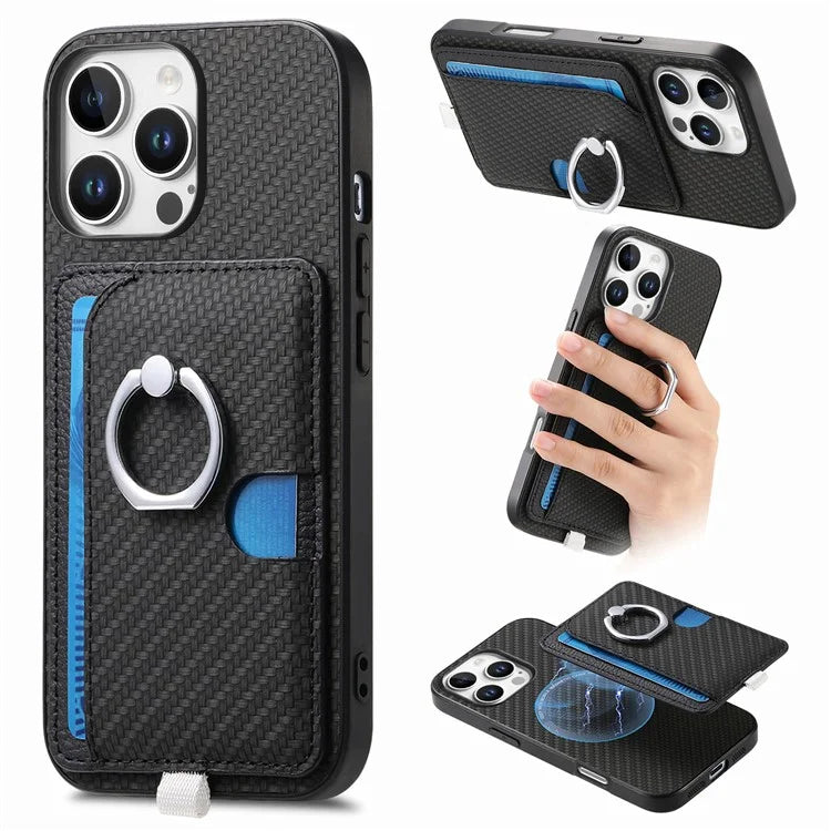 For iPhone 16 Pro Max Case Ring Kickstand Leather Back Cover with Magnetic Detachable Card Holder