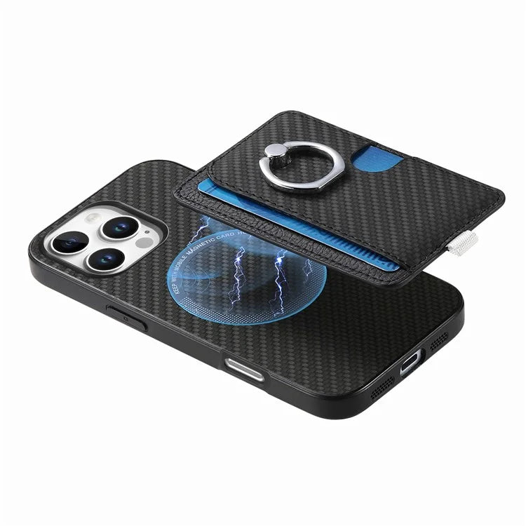 For iPhone 16 Pro Max Case Ring Kickstand Leather Back Cover with Magnetic Detachable Card Holder