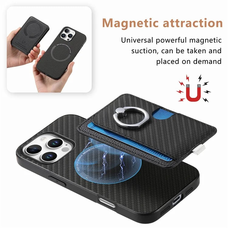 For iPhone 16 Pro Max Case Ring Kickstand Leather Back Cover with Magnetic Detachable Card Holder