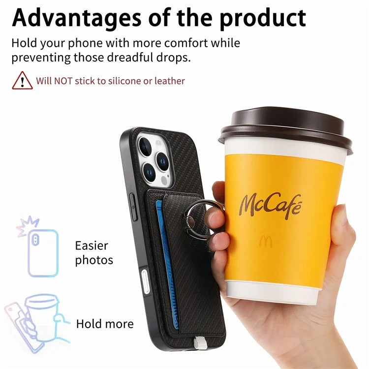 For iPhone 16 Pro Max Case Ring Kickstand Leather Back Cover with Magnetic Detachable Card Holder