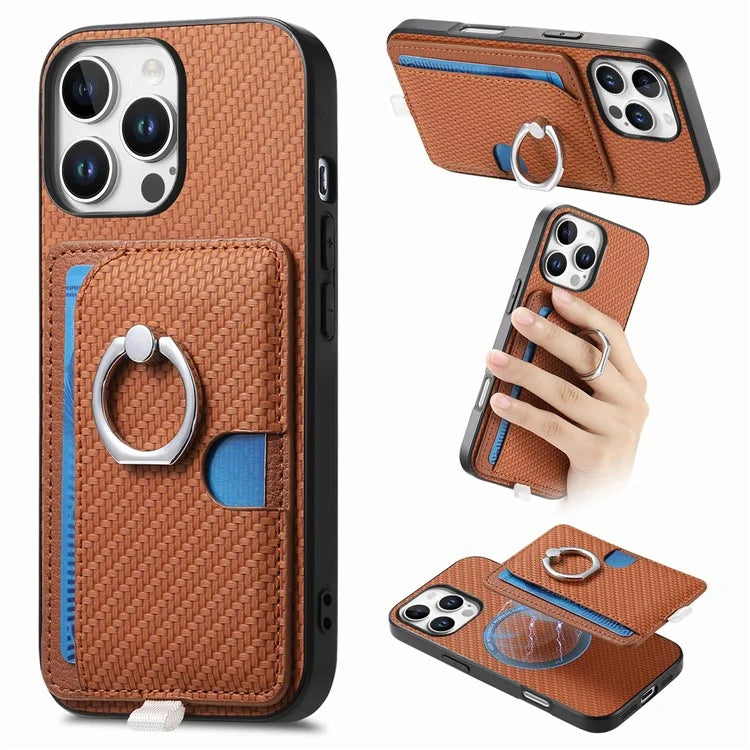 For iPhone 16 Pro Max Case Ring Kickstand Leather Back Cover with Magnetic Detachable Card Holder