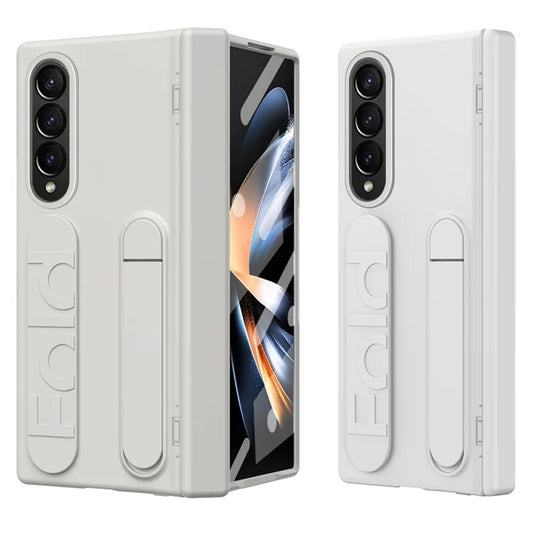 For Samsung Galaxy Z Fold4 5G Case Kickstand Wristband PC Phone Cover with Tempered Glass Film