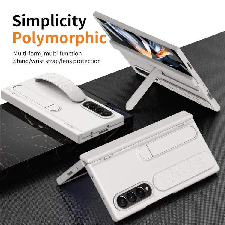 For Samsung Galaxy Z Fold4 5G Case Kickstand Wristband PC Phone Cover with Tempered Glass Film