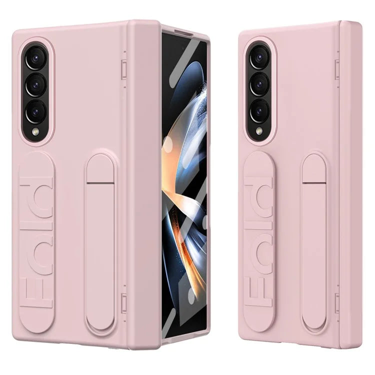 For Samsung Galaxy Z Fold4 5G Case Kickstand Wristband PC Phone Cover with Tempered Glass Film