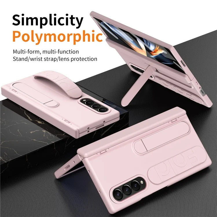 For Samsung Galaxy Z Fold4 5G Case Kickstand Wristband PC Phone Cover with Tempered Glass Film