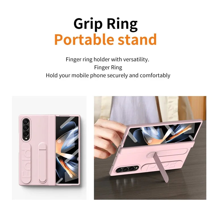 For Samsung Galaxy Z Fold4 5G Case Kickstand Wristband PC Phone Cover with Tempered Glass Film