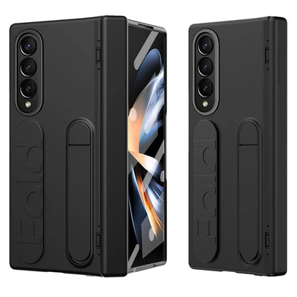 For Samsung Galaxy Z Fold4 5G Case Kickstand Wristband PC Phone Cover with Tempered Glass Film