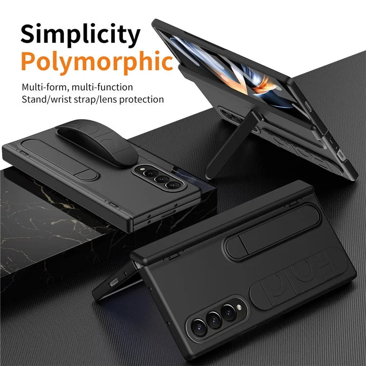 For Samsung Galaxy Z Fold4 5G Case Kickstand Wristband PC Phone Cover with Tempered Glass Film