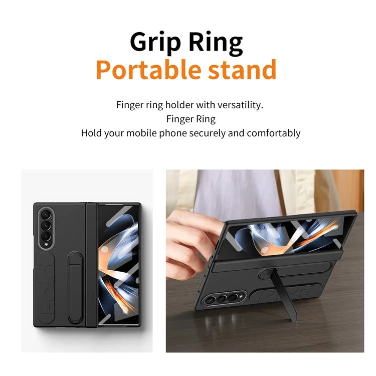 For Samsung Galaxy Z Fold4 5G Case Kickstand Wristband PC Phone Cover with Tempered Glass Film