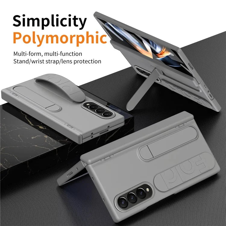 For Samsung Galaxy Z Fold4 5G Case Kickstand Wristband PC Phone Cover with Tempered Glass Film