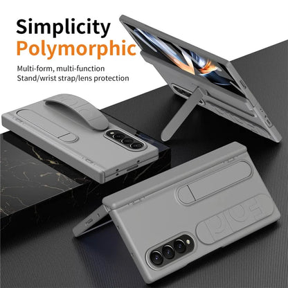 For Samsung Galaxy Z Fold4 5G Case Kickstand Wristband PC Phone Cover with Tempered Glass Film