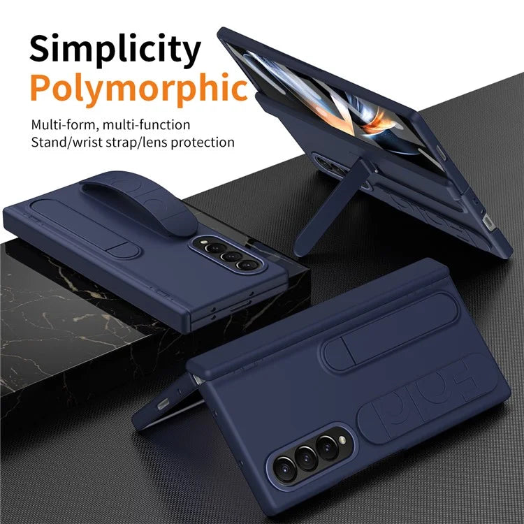 For Samsung Galaxy Z Fold4 5G Case Kickstand Wristband PC Phone Cover with Tempered Glass Film