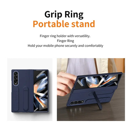 For Samsung Galaxy Z Fold4 5G Case Kickstand Wristband PC Phone Cover with Tempered Glass Film