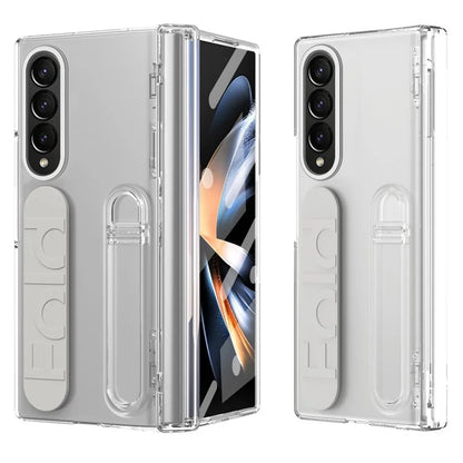 For Samsung Galaxy Z Fold4 5G Case Kickstand Wristband PC Phone Cover with Tempered Glass Film