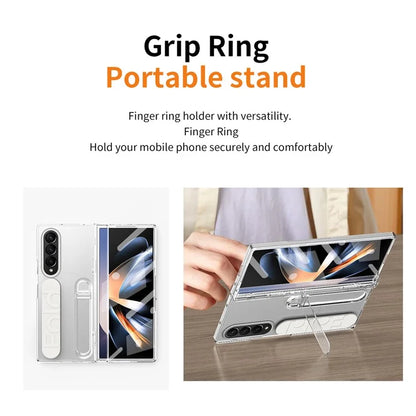 For Samsung Galaxy Z Fold4 5G Case Kickstand Wristband PC Phone Cover with Tempered Glass Film