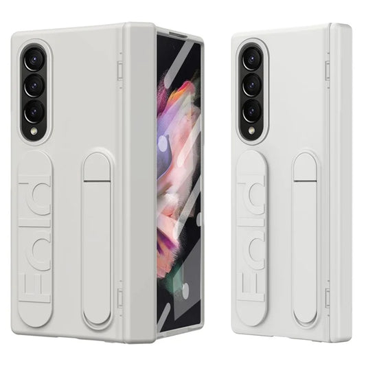 For Samsung Galaxy Z Fold3 5G Case Kickstand Wristband PC Phone Cover with Tempered Glass Film