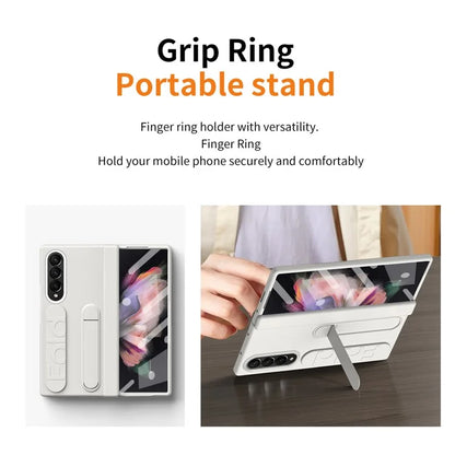 For Samsung Galaxy Z Fold3 5G Case Kickstand Wristband PC Phone Cover with Tempered Glass Film
