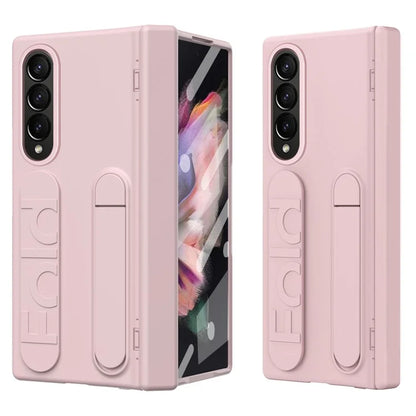 For Samsung Galaxy Z Fold3 5G Case Kickstand Wristband PC Phone Cover with Tempered Glass Film