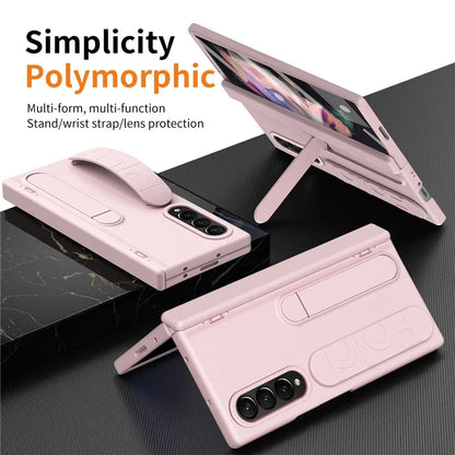 For Samsung Galaxy Z Fold3 5G Case Kickstand Wristband PC Phone Cover with Tempered Glass Film