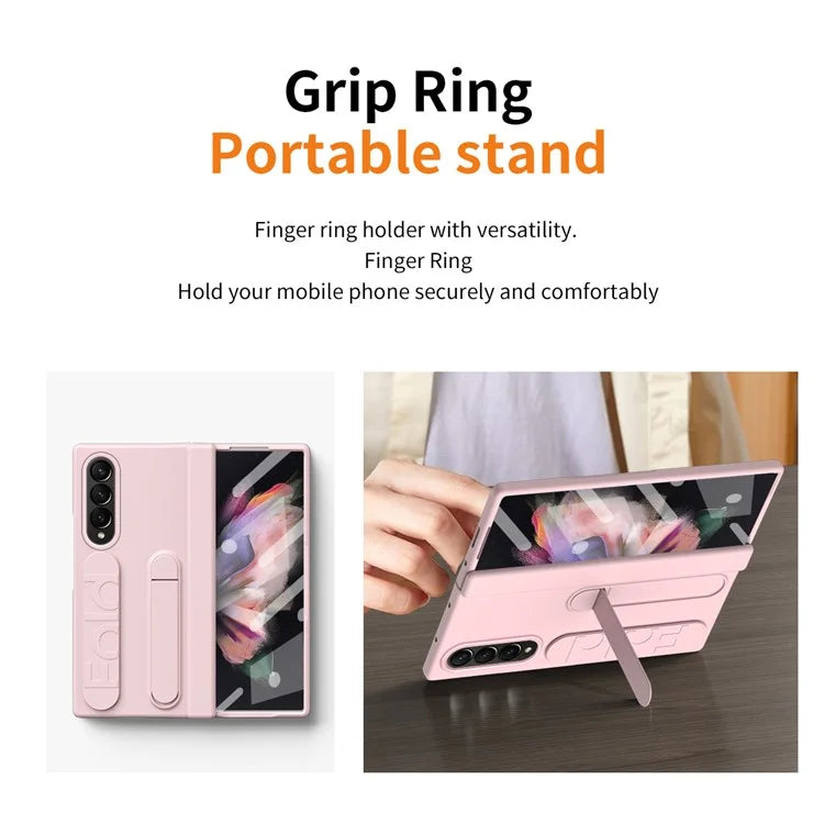 For Samsung Galaxy Z Fold3 5G Case Kickstand Wristband PC Phone Cover with Tempered Glass Film