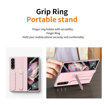 For Samsung Galaxy Z Fold3 5G Case Kickstand Wristband PC Phone Cover with Tempered Glass Film