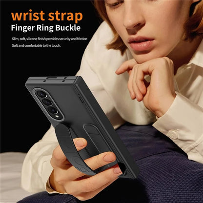 For Samsung Galaxy Z Fold3 5G Case Kickstand Wristband PC Phone Cover with Tempered Glass Film