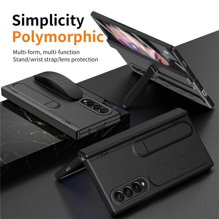 For Samsung Galaxy Z Fold3 5G Case Kickstand Wristband PC Phone Cover with Tempered Glass Film