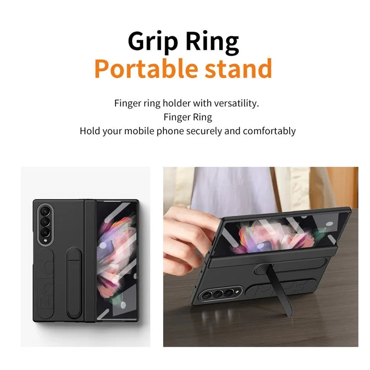 For Samsung Galaxy Z Fold3 5G Case Kickstand Wristband PC Phone Cover with Tempered Glass Film