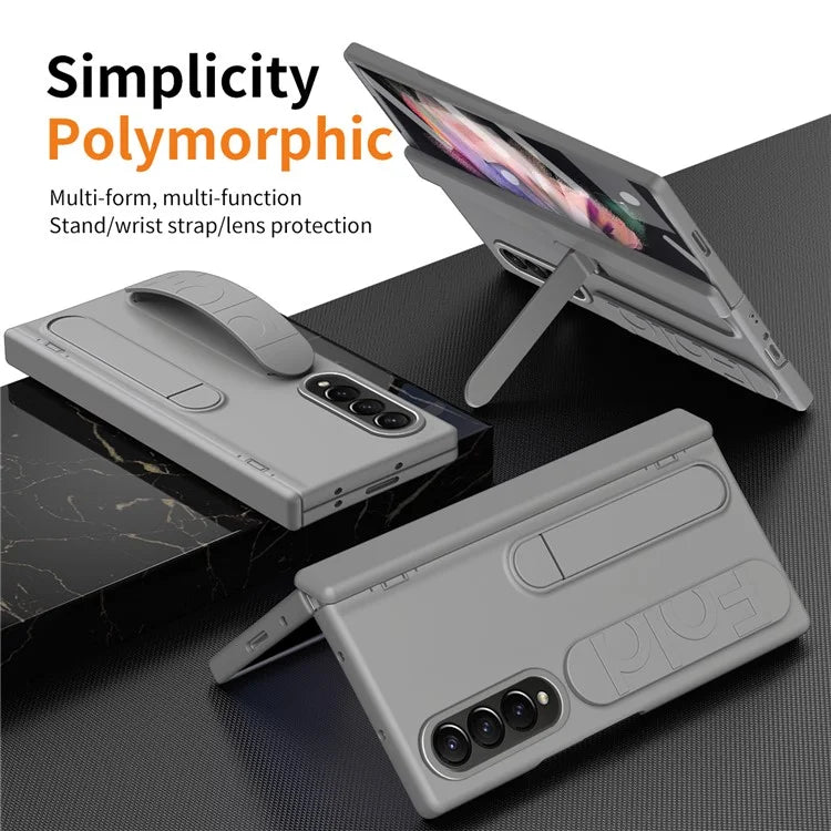 For Samsung Galaxy Z Fold3 5G Case Kickstand Wristband PC Phone Cover with Tempered Glass Film
