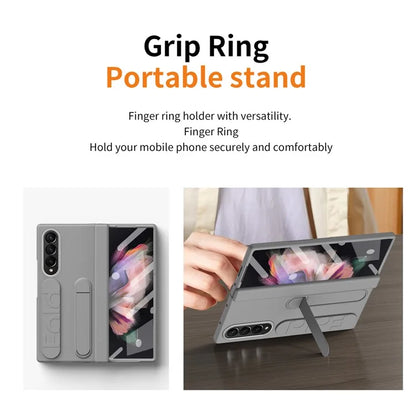 For Samsung Galaxy Z Fold3 5G Case Kickstand Wristband PC Phone Cover with Tempered Glass Film