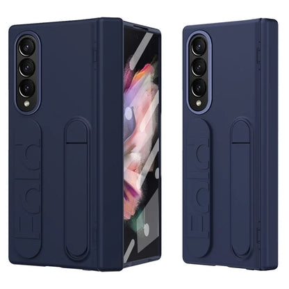 For Samsung Galaxy Z Fold3 5G Case Kickstand Wristband PC Phone Cover with Tempered Glass Film