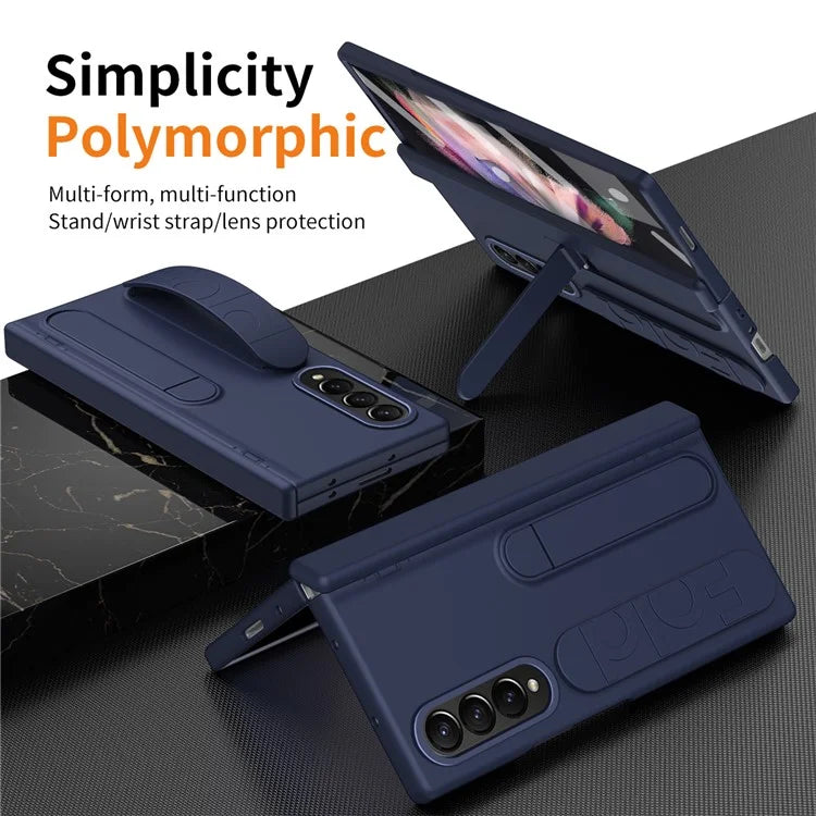 For Samsung Galaxy Z Fold3 5G Case Kickstand Wristband PC Phone Cover with Tempered Glass Film