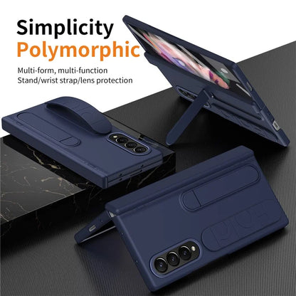 For Samsung Galaxy Z Fold3 5G Case Kickstand Wristband PC Phone Cover with Tempered Glass Film