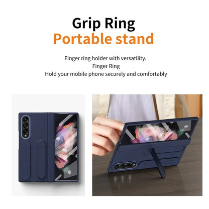 For Samsung Galaxy Z Fold3 5G Case Kickstand Wristband PC Phone Cover with Tempered Glass Film