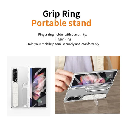 For Samsung Galaxy Z Fold3 5G Case Kickstand Wristband PC Phone Cover with Tempered Glass Film
