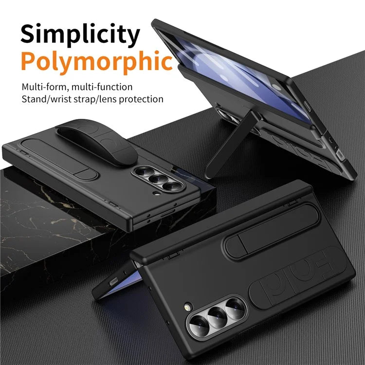 For Samsung Galaxy Z Fold5 5G Case Kickstand Wristband PC Phone Cover with Tempered Glass Film