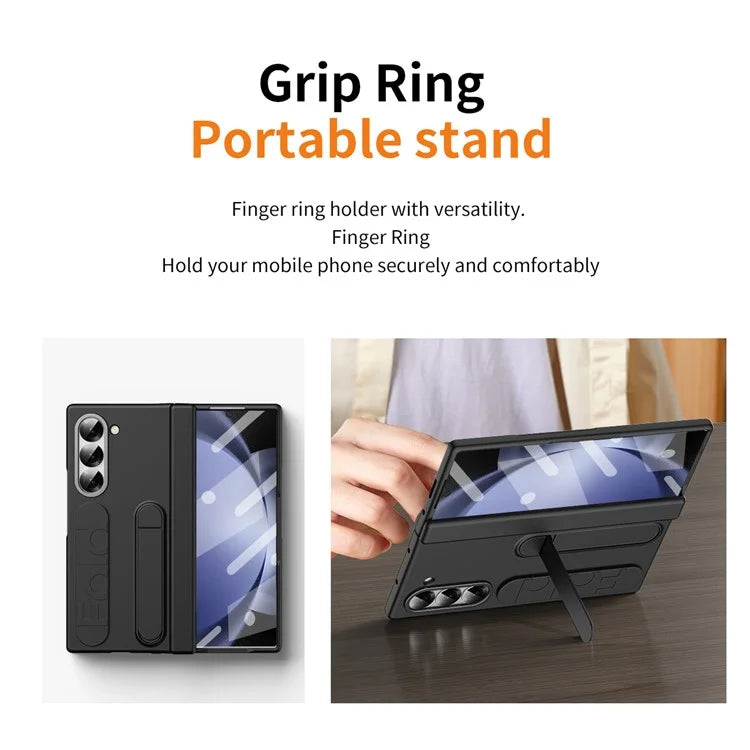 For Samsung Galaxy Z Fold5 5G Case Kickstand Wristband PC Phone Cover with Tempered Glass Film