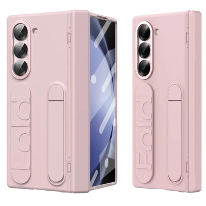 For Samsung Galaxy Z Fold5 5G Case Kickstand Wristband PC Phone Cover with Tempered Glass Film