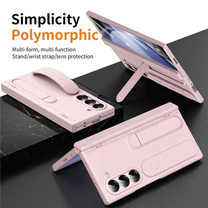 For Samsung Galaxy Z Fold5 5G Case Kickstand Wristband PC Phone Cover with Tempered Glass Film