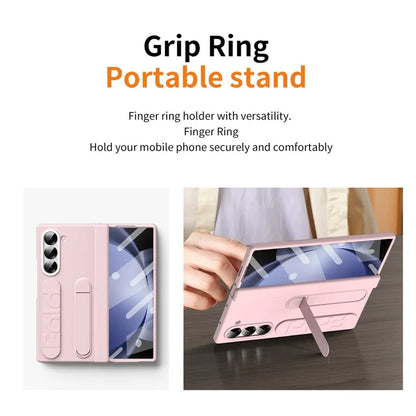 For Samsung Galaxy Z Fold5 5G Case Kickstand Wristband PC Phone Cover with Tempered Glass Film