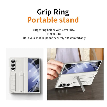 For Samsung Galaxy Z Fold5 5G Case Kickstand Wristband PC Phone Cover with Tempered Glass Film