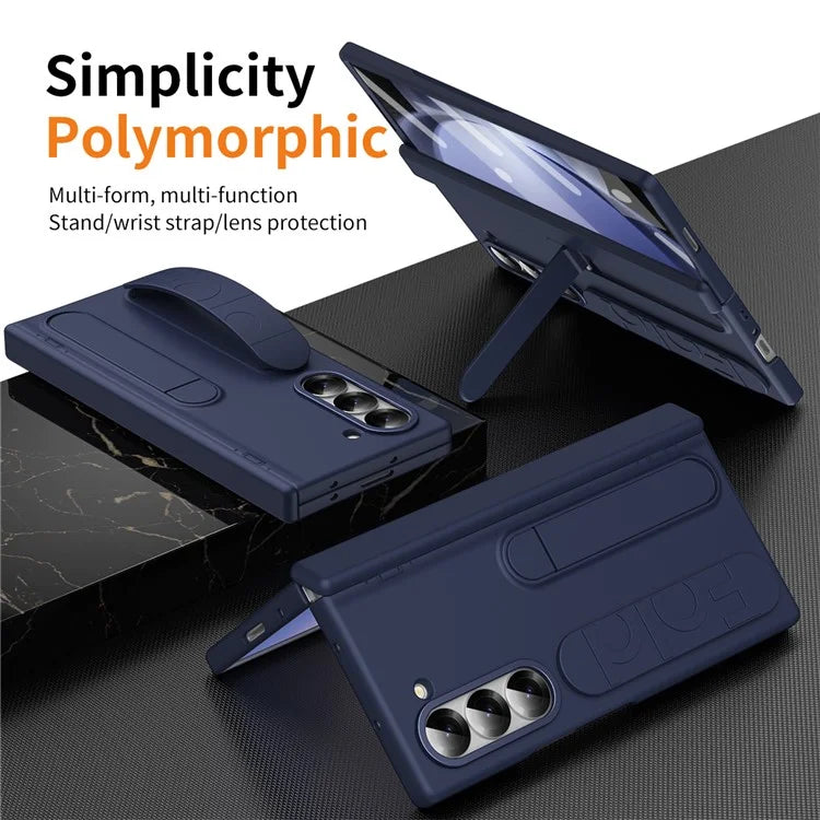 For Samsung Galaxy Z Fold5 5G Case Kickstand Wristband PC Phone Cover with Tempered Glass Film