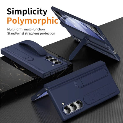 For Samsung Galaxy Z Fold5 5G Case Kickstand Wristband PC Phone Cover with Tempered Glass Film