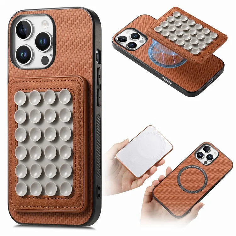 For iPhone 16 Pro Max Case Carbon Fiber Texture Leather Back Cover with Magnetic Detachable Suction Cup