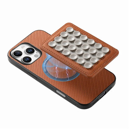 For iPhone 16 Pro Max Case Carbon Fiber Texture Leather Back Cover with Magnetic Detachable Suction Cup