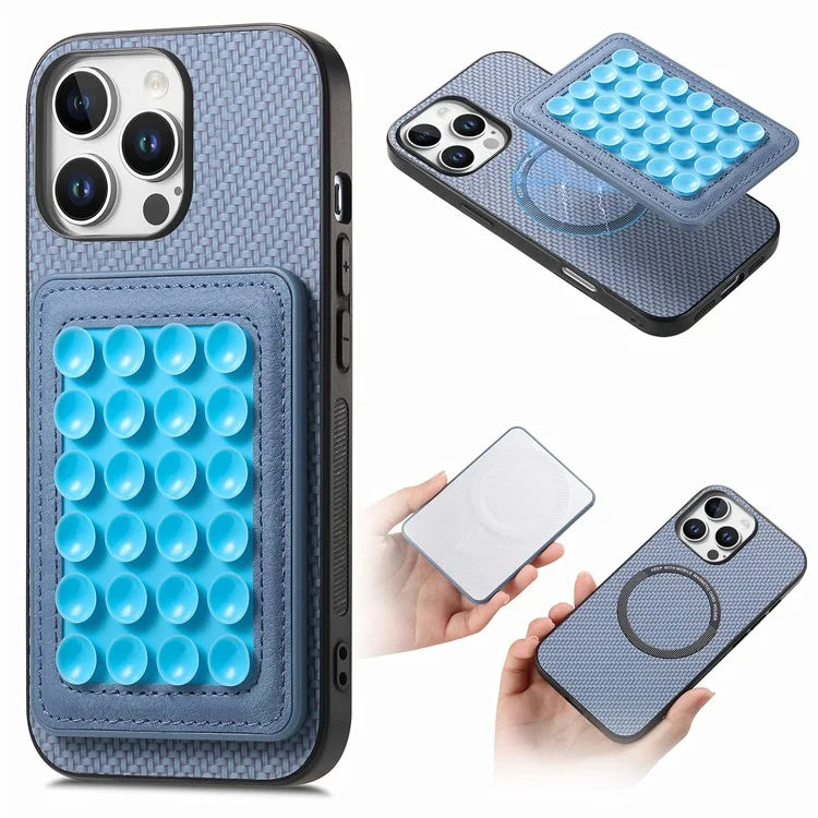 For iPhone 16 Pro Max Case Carbon Fiber Texture Leather Back Cover with Magnetic Detachable Suction Cup