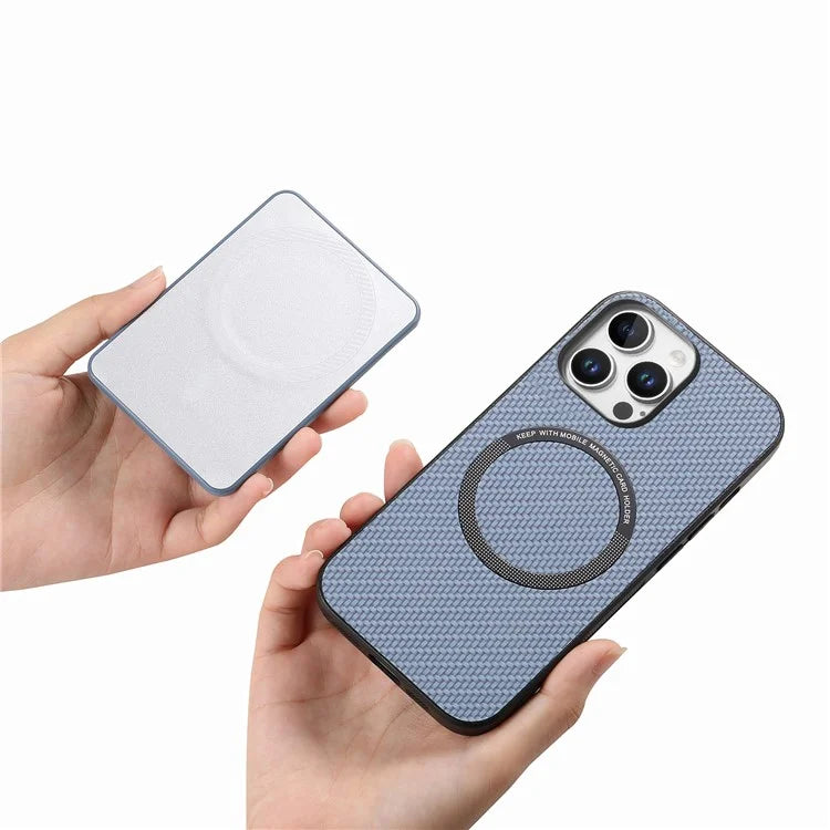 For iPhone 16 Pro Max Case Carbon Fiber Texture Leather Back Cover with Magnetic Detachable Suction Cup