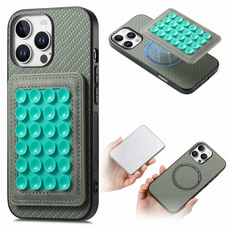 For iPhone 16 Pro Max Case Carbon Fiber Texture Leather Back Cover with Magnetic Detachable Suction Cup