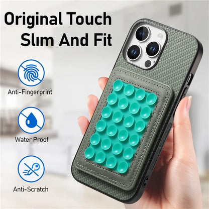 For iPhone 16 Pro Max Case Carbon Fiber Texture Leather Back Cover with Magnetic Detachable Suction Cup